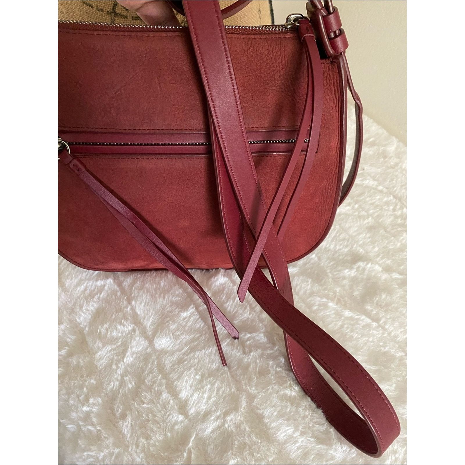 Allsaints All Saints Mori Whipstitch Suede Crossbody Bag in Maroon Size ONE SIZE - 9 Thumbnail