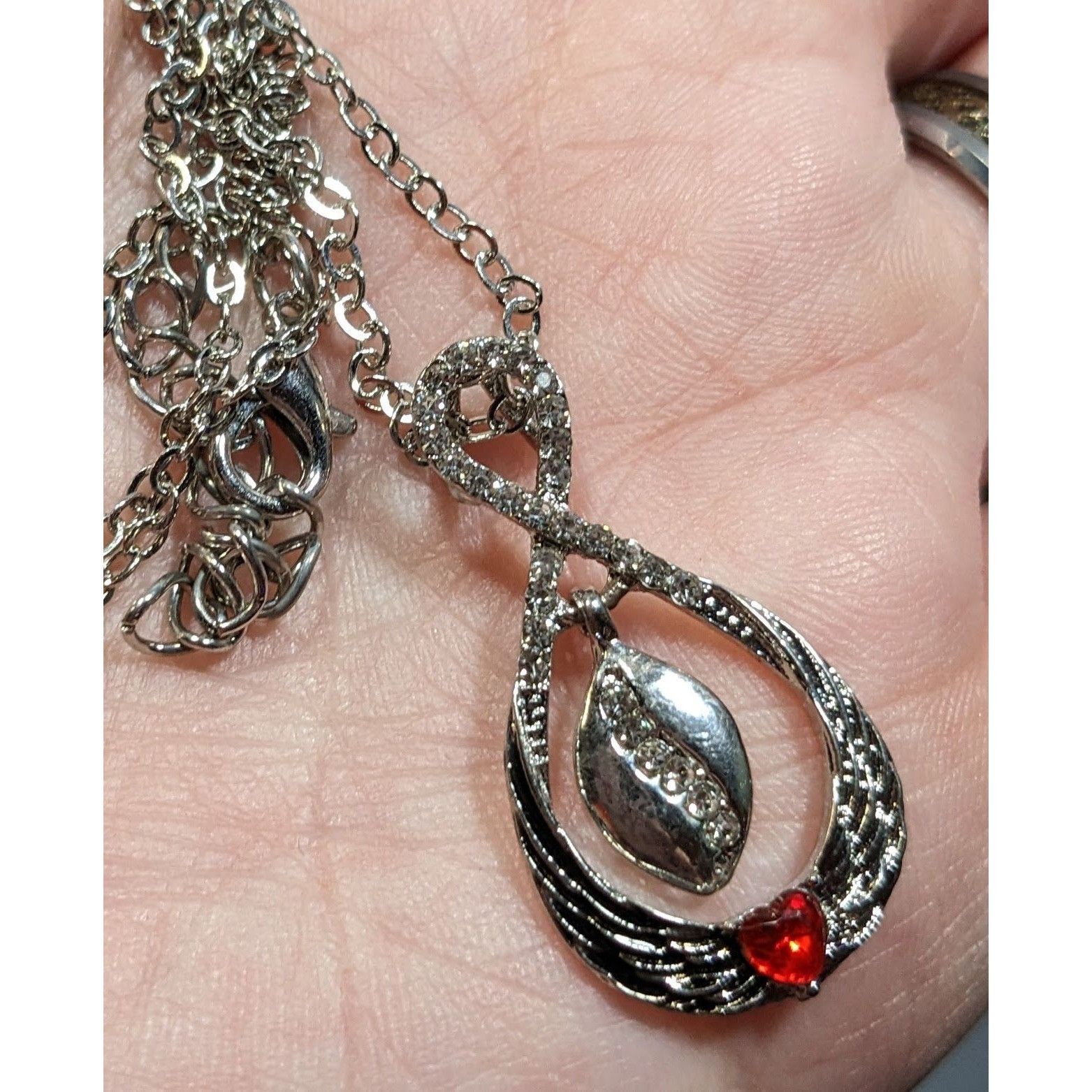 Other Heart And Wing Silver Tone Pendant Necklace With Clear And R Size ONE SIZE - 6 Thumbnail