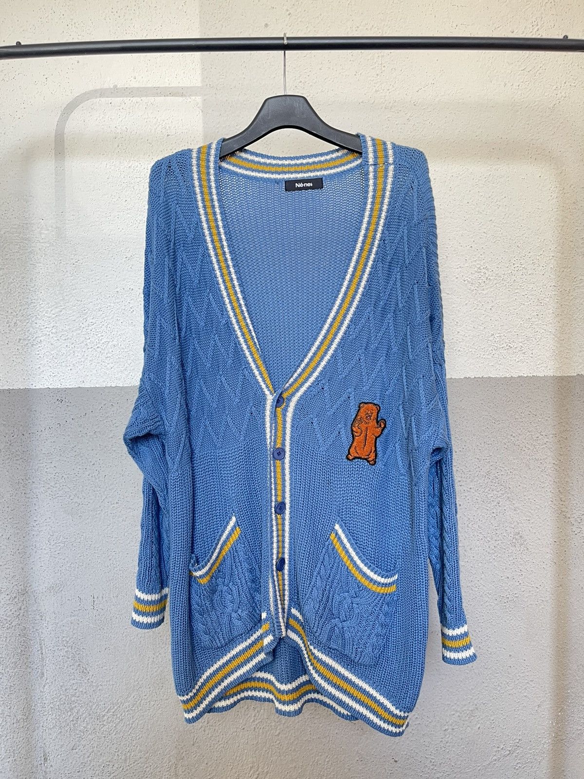 Ne-Net Ne Net Blue Cable Knit Cardigan Brown Bear Patch 2 Pockets Size ONE SIZE - 1 Thumbnail