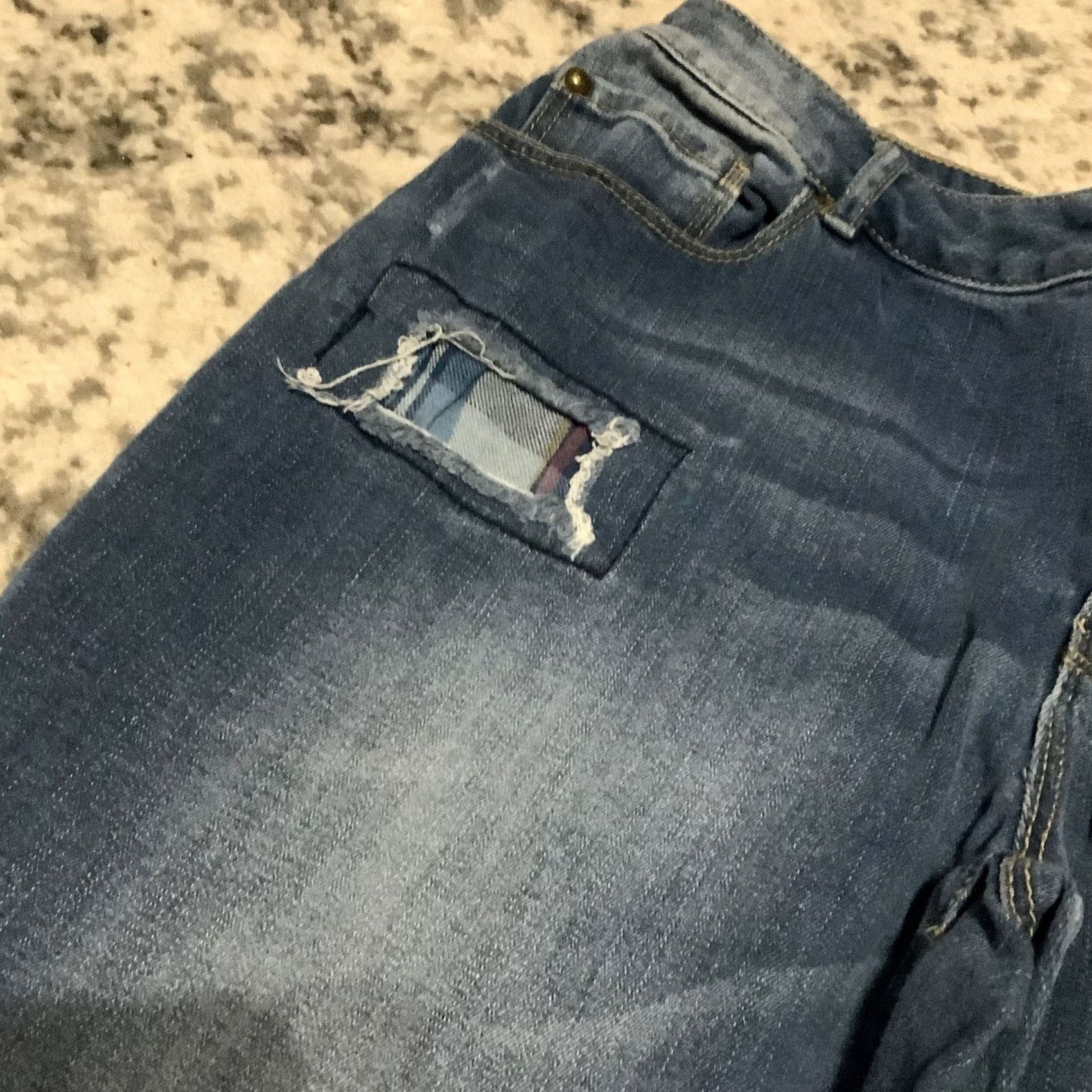 Denime EST 1946 Denim Jeans Women 6 Blue Patchwork Distressed Repaired Stretch Jeans 5-Pocket Straight Bohemian Grunge Patchwork Vintage: No Size 28" / US 6 / IT 42 - 4 Thumbnail