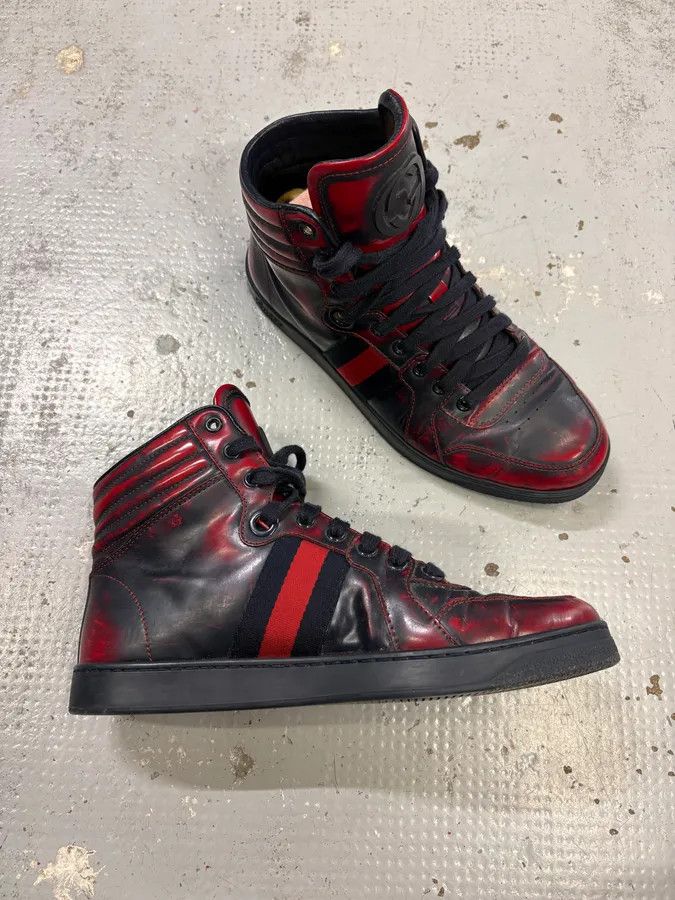 Gucci Gucci Red Black Leather Logo High-Top Sneakers Size US 6.5 / IT 36.5 - 4 Thumbnail