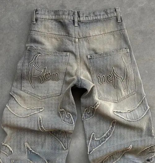 Designer × Japanese Brand × Vintage Retro Raw Edge Embroidery Baggy Jeans Size US 32 / EU 48 - 4 Thumbnail