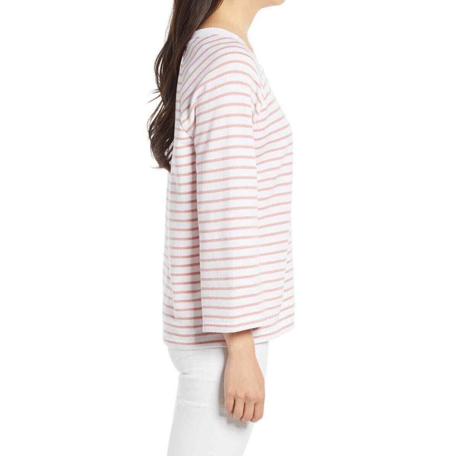The Unbranded Brand Caslon Women White/Pink Striped Cotton Knit Sweatshirt L Size L / US 10 / IT 46 - 3 Thumbnail