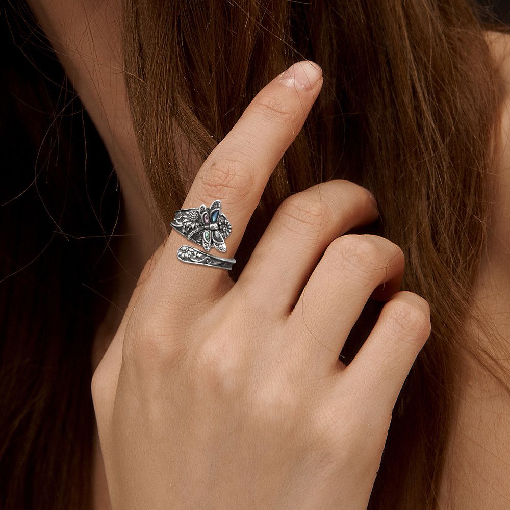 Sterling Silver Resizable 925 Silver Dragonfly Sunflower Victorian Ring Size ONE SIZE - 3 Thumbnail