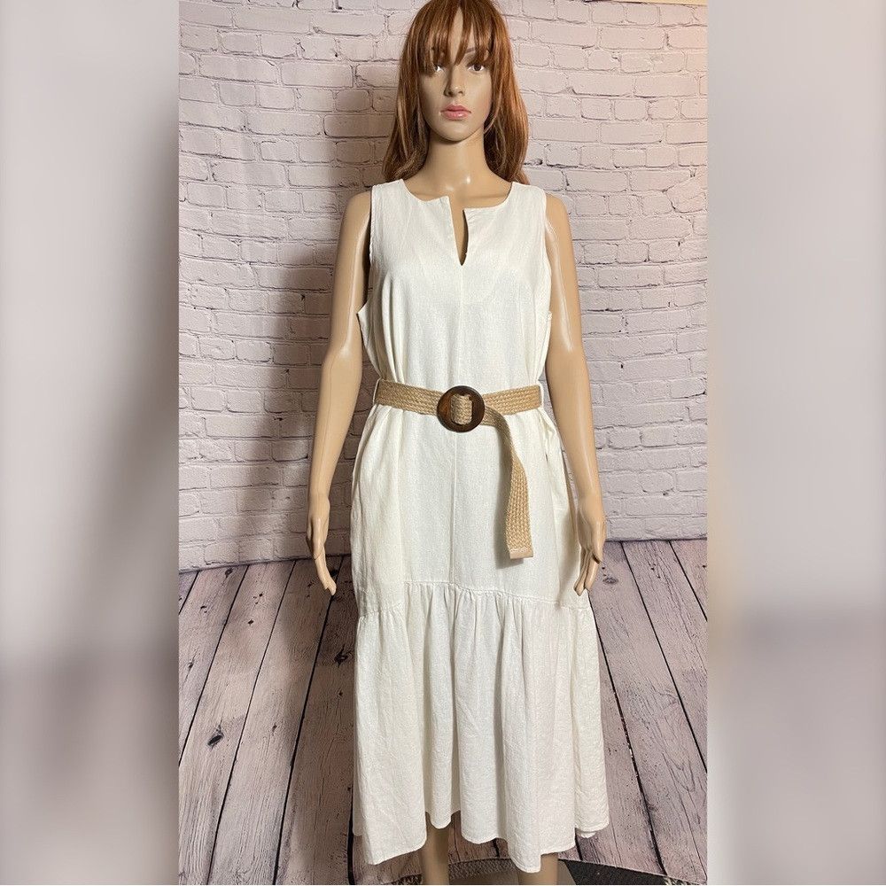 Other NWT New Adyson Parker White Split Neck Easy Tiered Linen Dr Size L / US 10 / IT 46 - 2 Thumbnail
