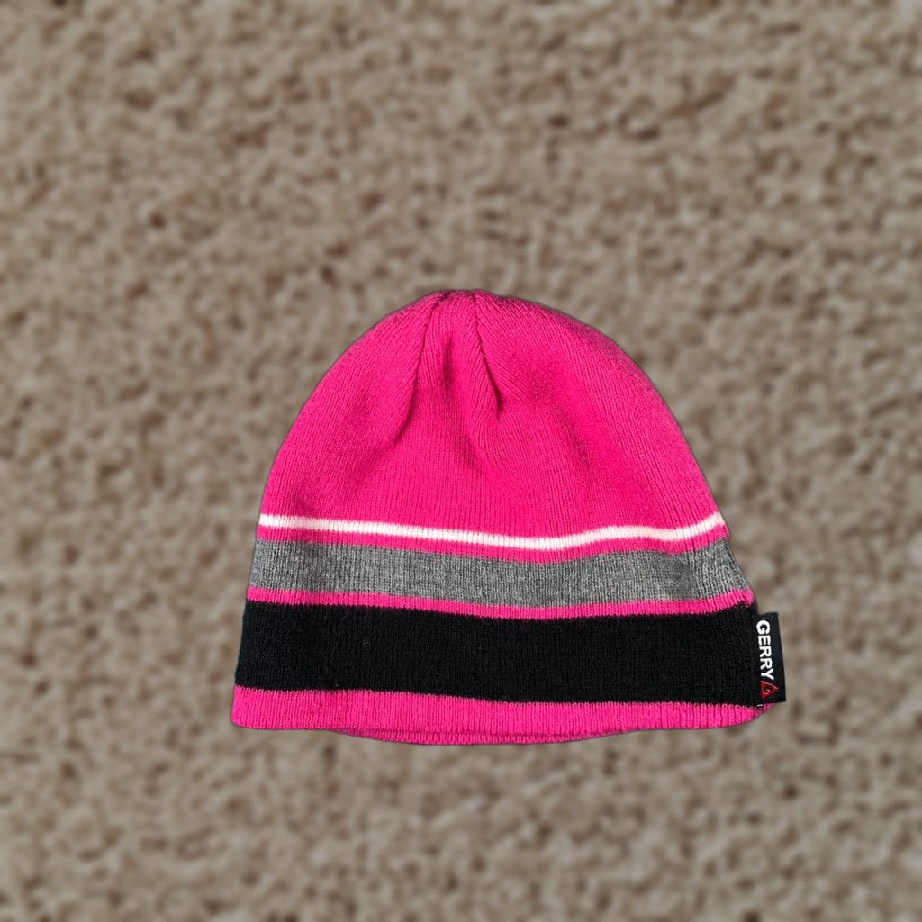 Vintage Gerry Beanie Toque Adult One Size Pink Gray Stripe Knit Acrylic Blend Ski Camp Hat/Beanie Unisex Adults Winter Outdoor Casual Travel Mens Womens Size ONE SIZE - 1 Thumbnail