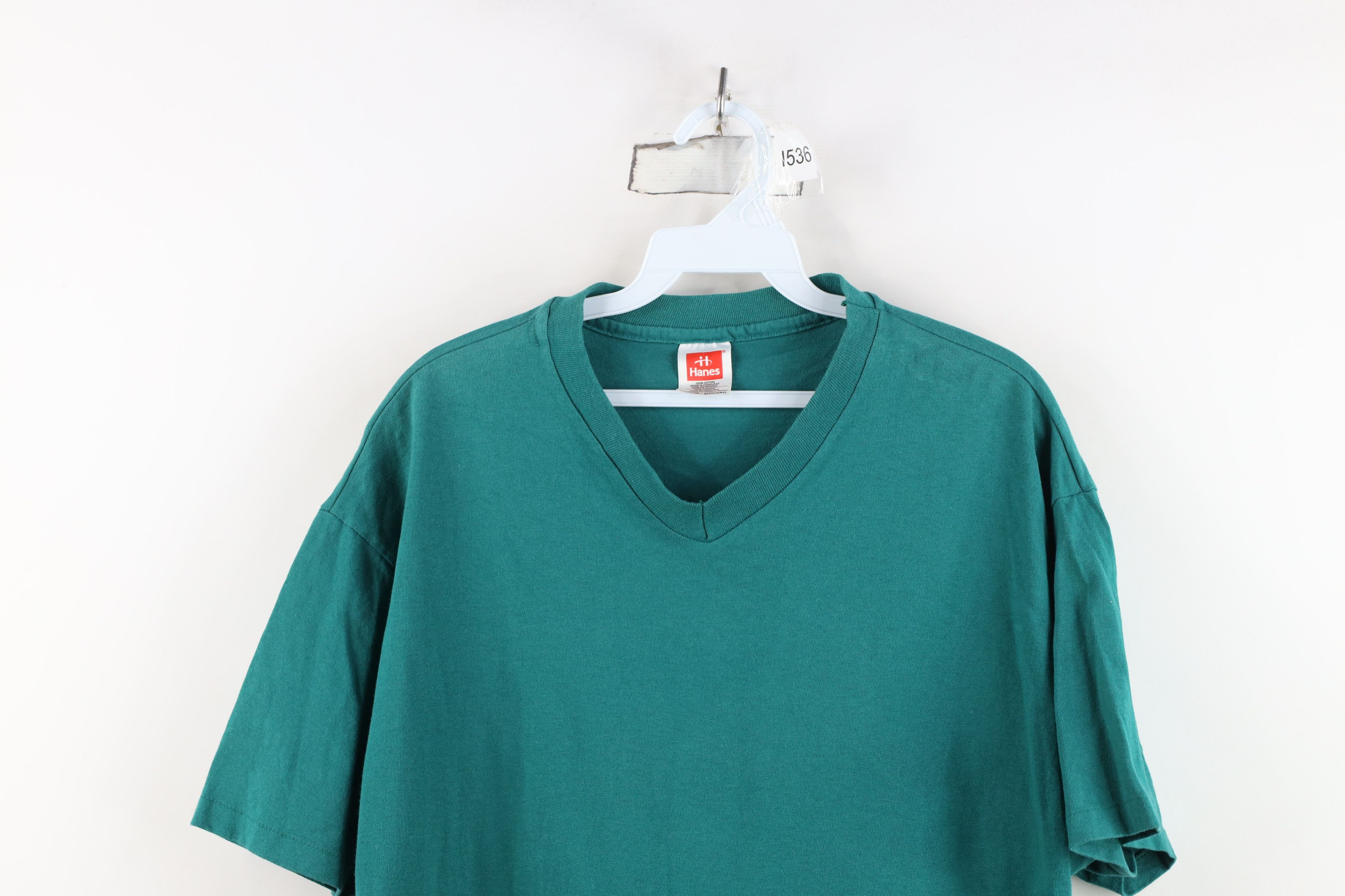 Hanes Vintage 90s Hanes Short Sleeve V-Neck T-Shirt Green Cotton Size US M / EU 48-50 / 2 - 2 Thumbnail