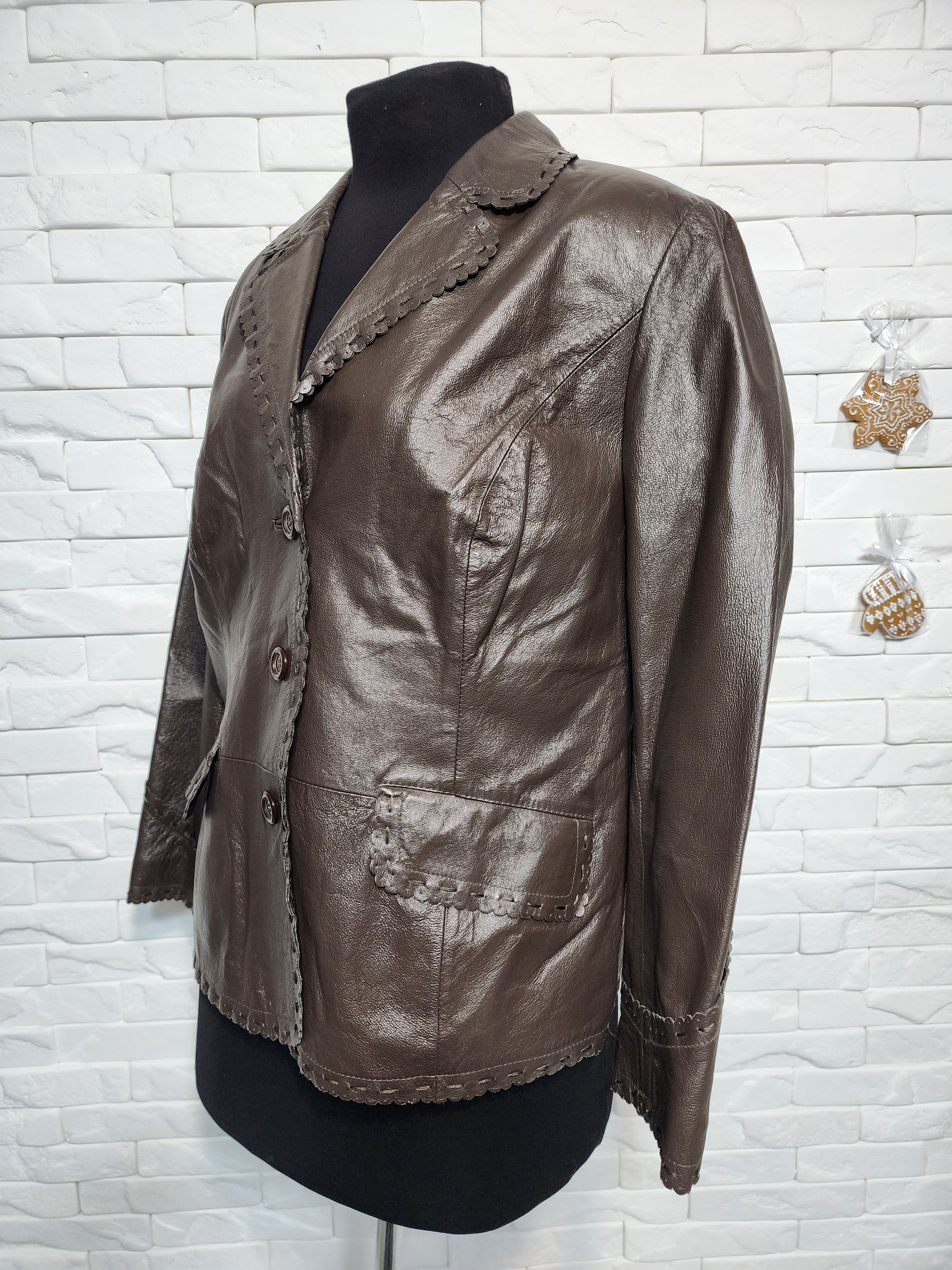 Other Brown Leather Jacket: Women's Blazer with Pockets Size L / US 10 / IT 46 - 2 Thumbnail