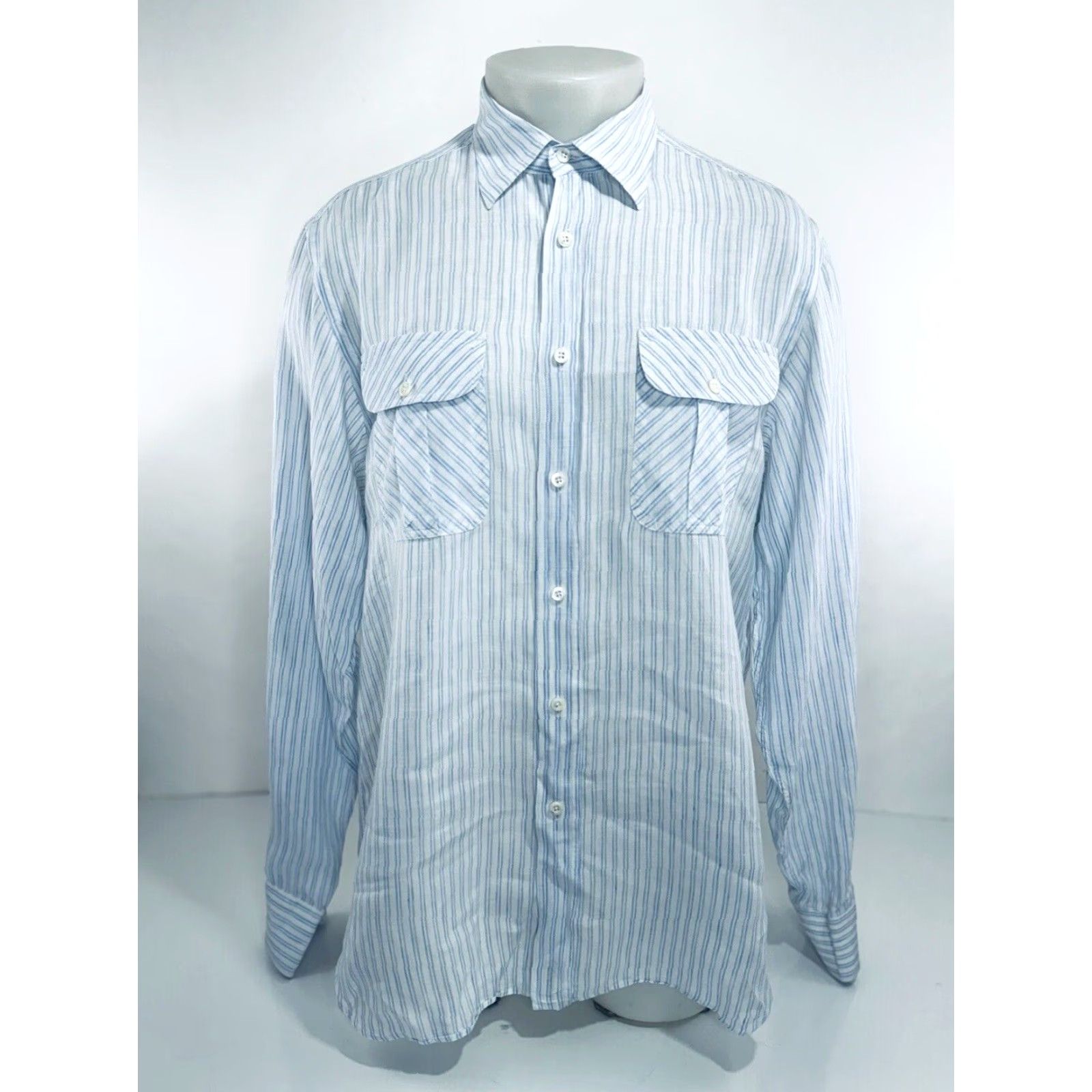 Billy Reid BILLY REID Italy Linen Striped Mens L Shirt Button-Up Long Sleeve EXCELLENT Shirt Mens L White / Blue Linen - 90s? Size US L / EU 52-54 / 3 - 2 Thumbnail