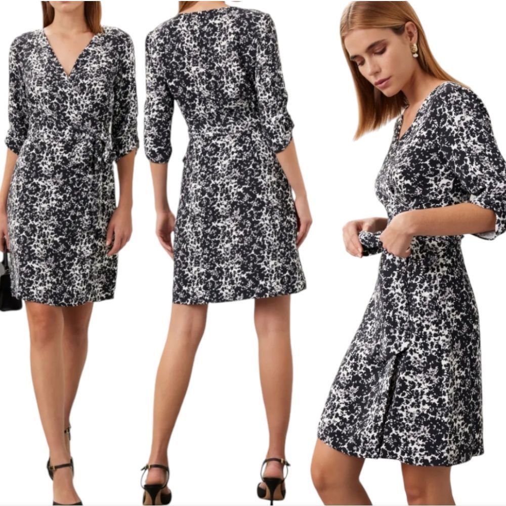 Club Monaco Club Monaco Casual Floral Wrap Dress Black/White Knee Length Size M / US 6-8 / IT 42-44 - 2 Thumbnail