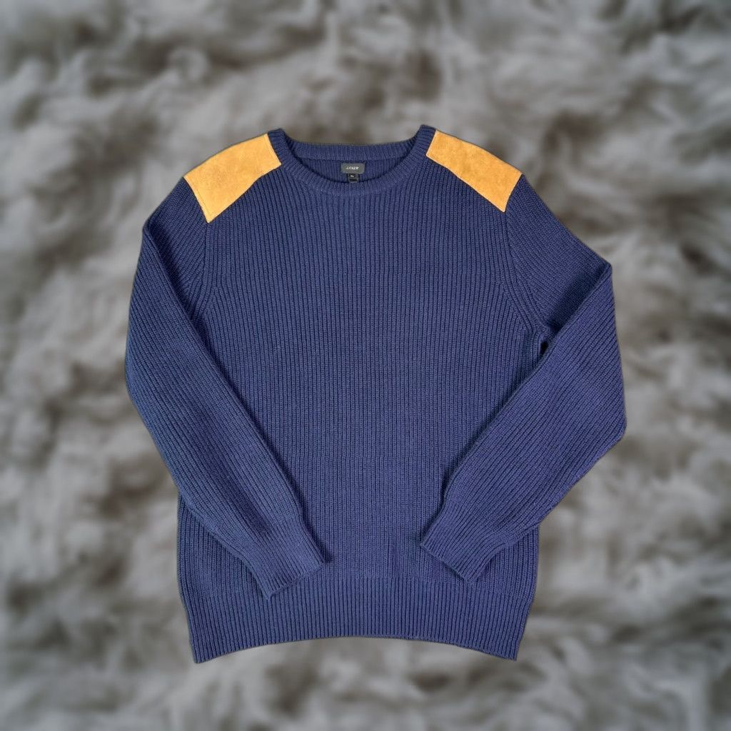 J.Crew J.Crew Sweater Navy Knit Crewneck XL with Suede Shoulder Patches - Men's Crew Neck Pullover, Classic, Long Sleeve, 100% Cotton Size US XL / EU 56 / 4 - 1 Thumbnail