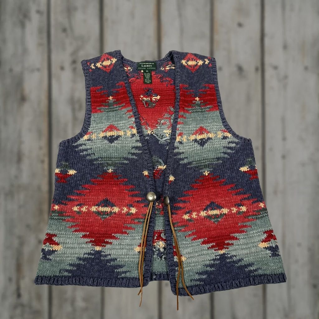 Ralph Lauren Lauren Ralph Lauren Vest Womens XL Hand Knit Aztec Geometric Linen Cotton Multicolor V-Neck Open Front with Leather Ties Buttoned Accents Size XL / US 12-14 / IT 48-50 - 1 Thumbnail