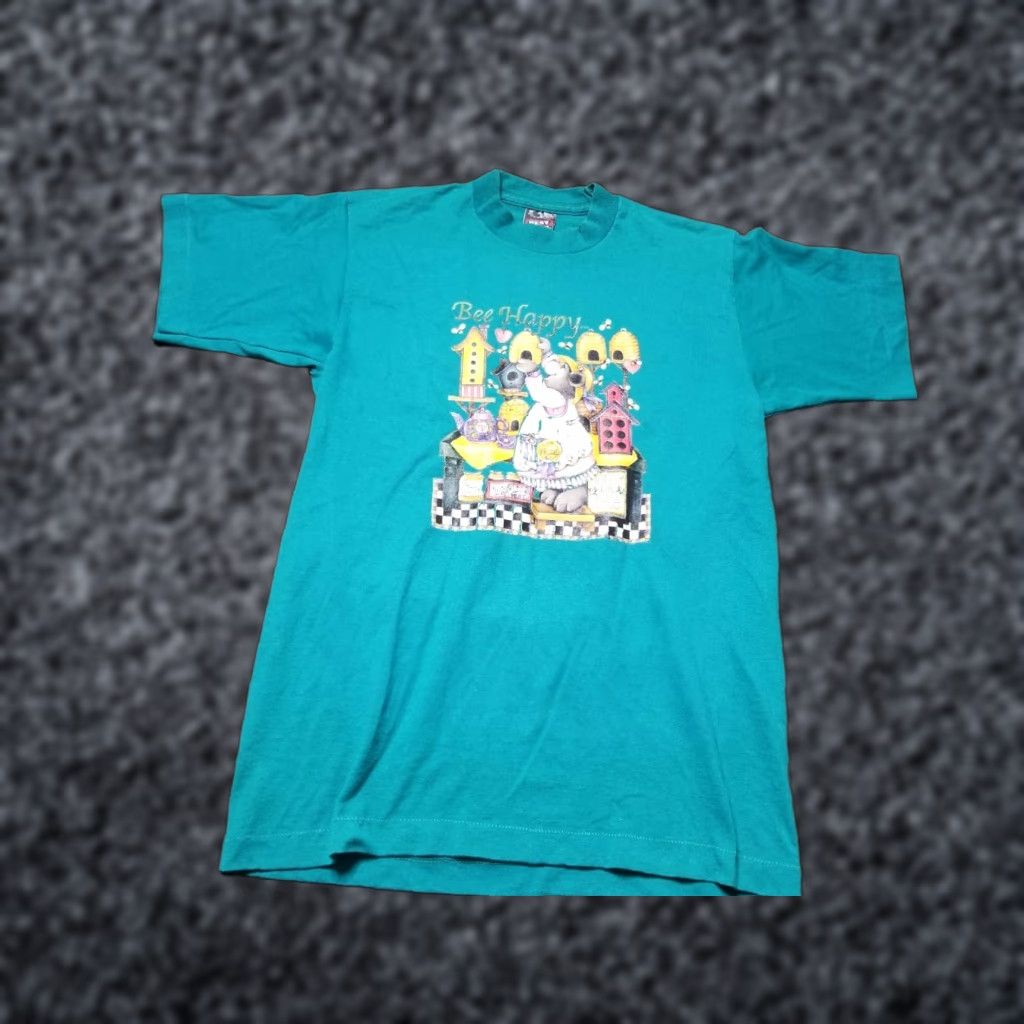 Fruit Of The Loom VINTAGE Fruit of the Loom Mens M Bee Happy Bear T Shirt USA Short Sleeve Crew Neck Cotton Blend Polyester Blue 90s Graphic Print Mens Size US M / EU 48-50 / 2 - 1 Thumbnail