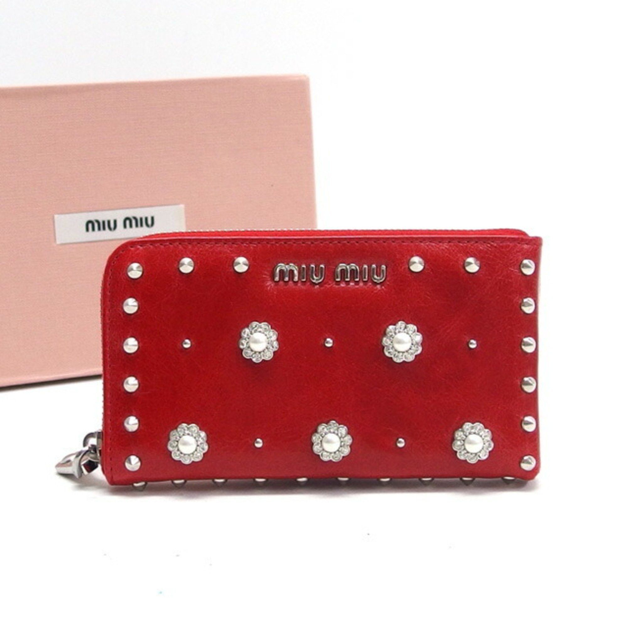 image of Miu Miu Miu Studded Flower Coin Case Red in Red Color, Women's