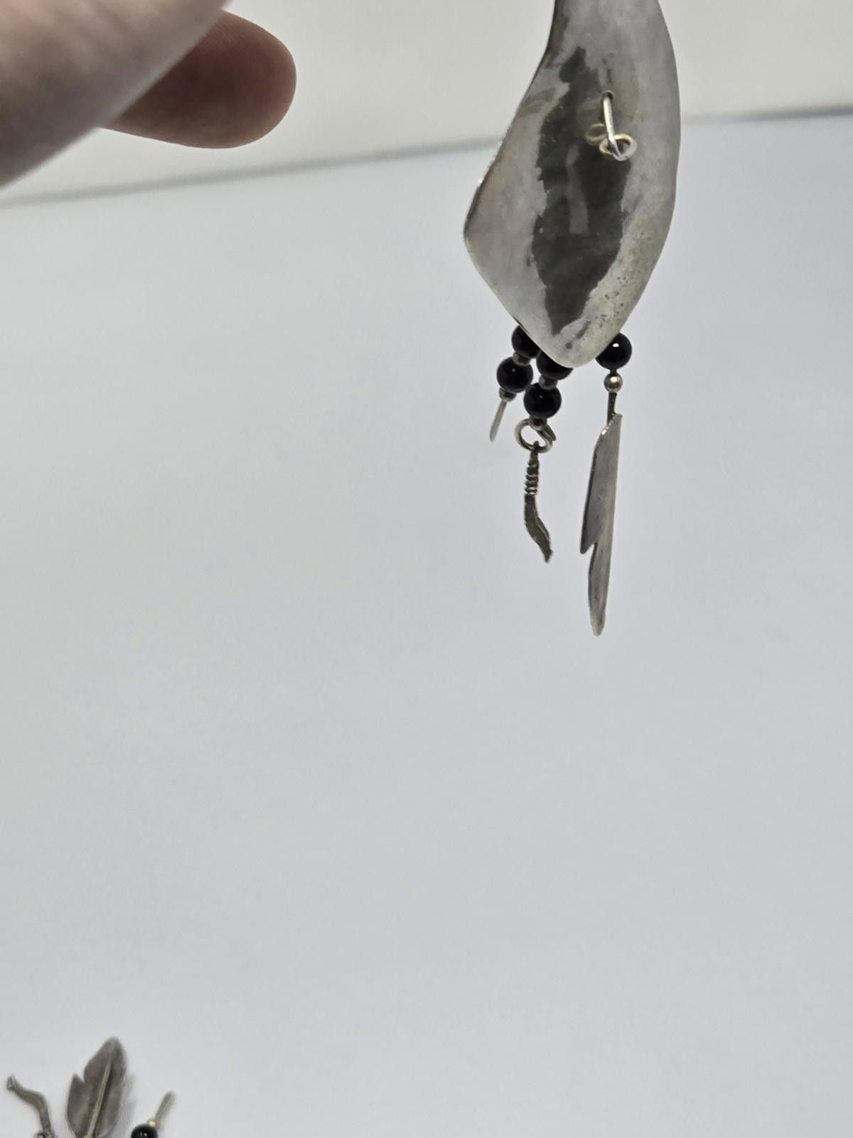 Native Handmade Sterling Silver Feather Dangle Earrings- HEAVY Size ONE SIZE - 4 Thumbnail