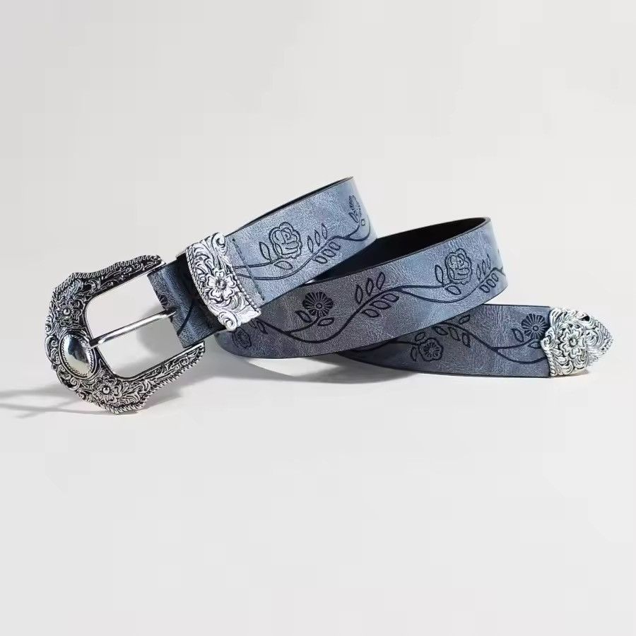 Japanese Brand Floral Embossed Western Belt - PU Leather Size ONE SIZE - 2 Thumbnail