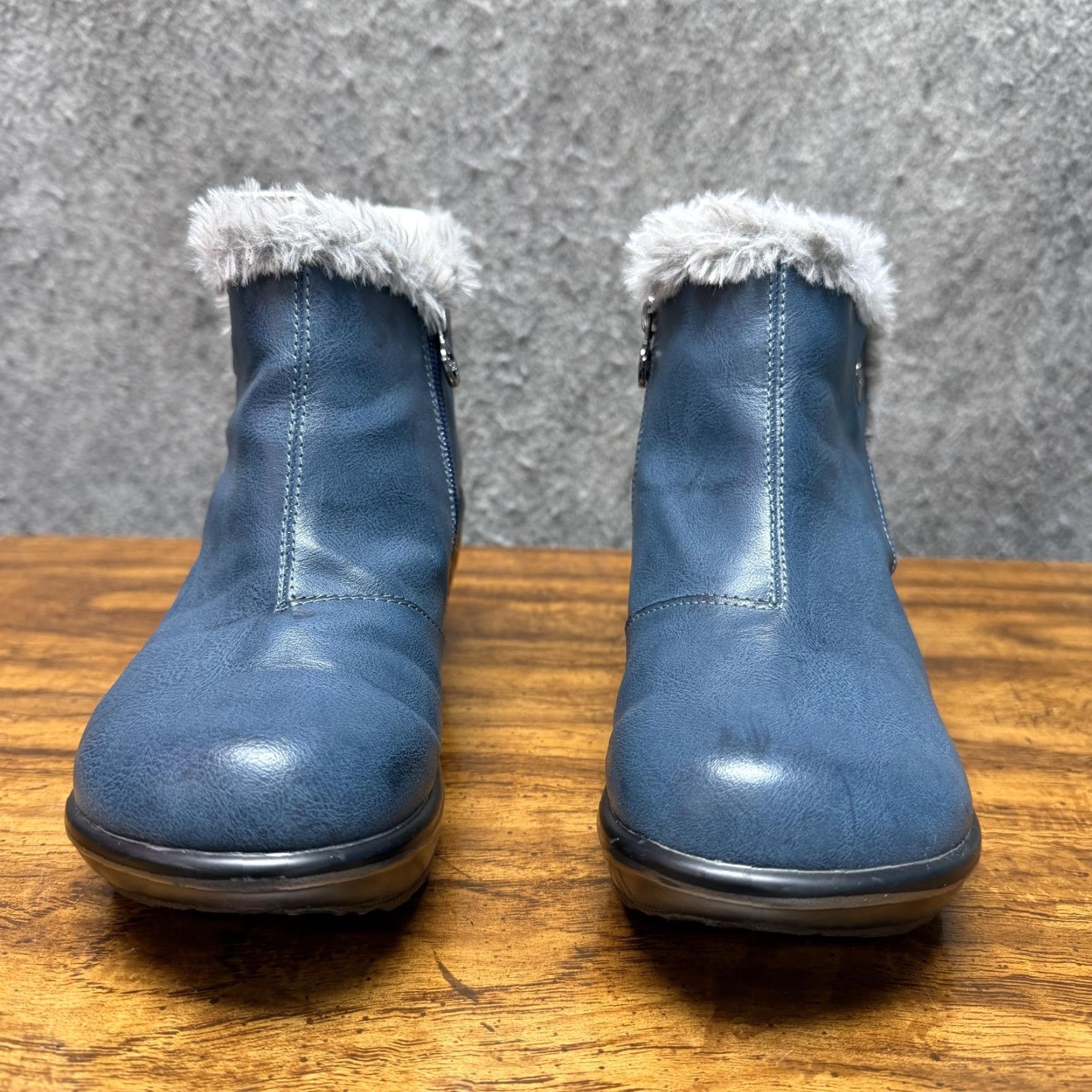 JBU Mesa Boots Women 7.5 Midnight Navy Faux Fur Wedge Booties Vegan Memory Foam Casual Winter
