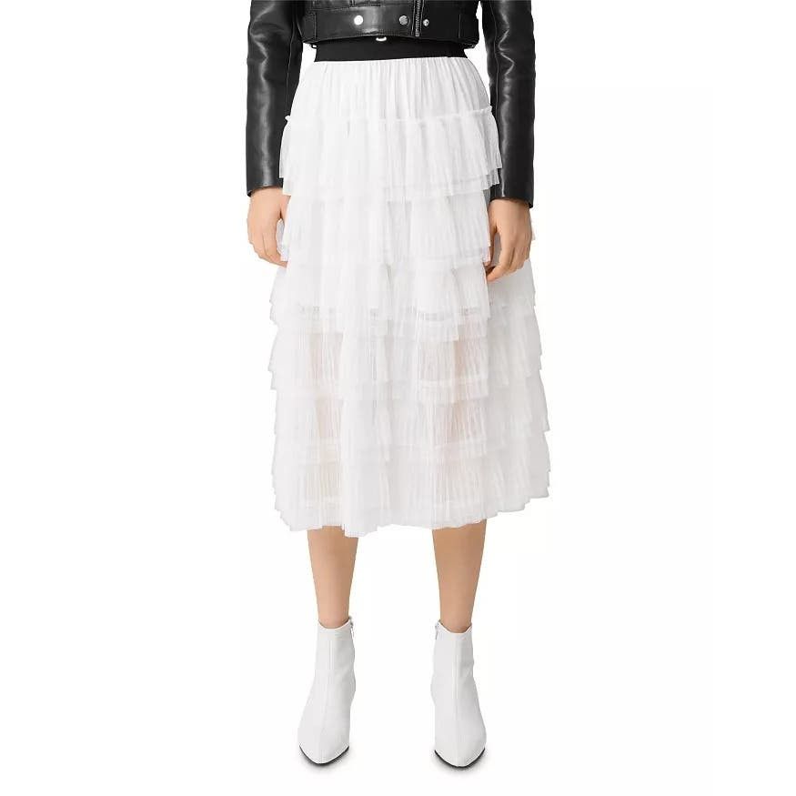 image of Maje Josepha Tiered Ruffle Mesh Midi Skirt In White Xs Nwt, Women's