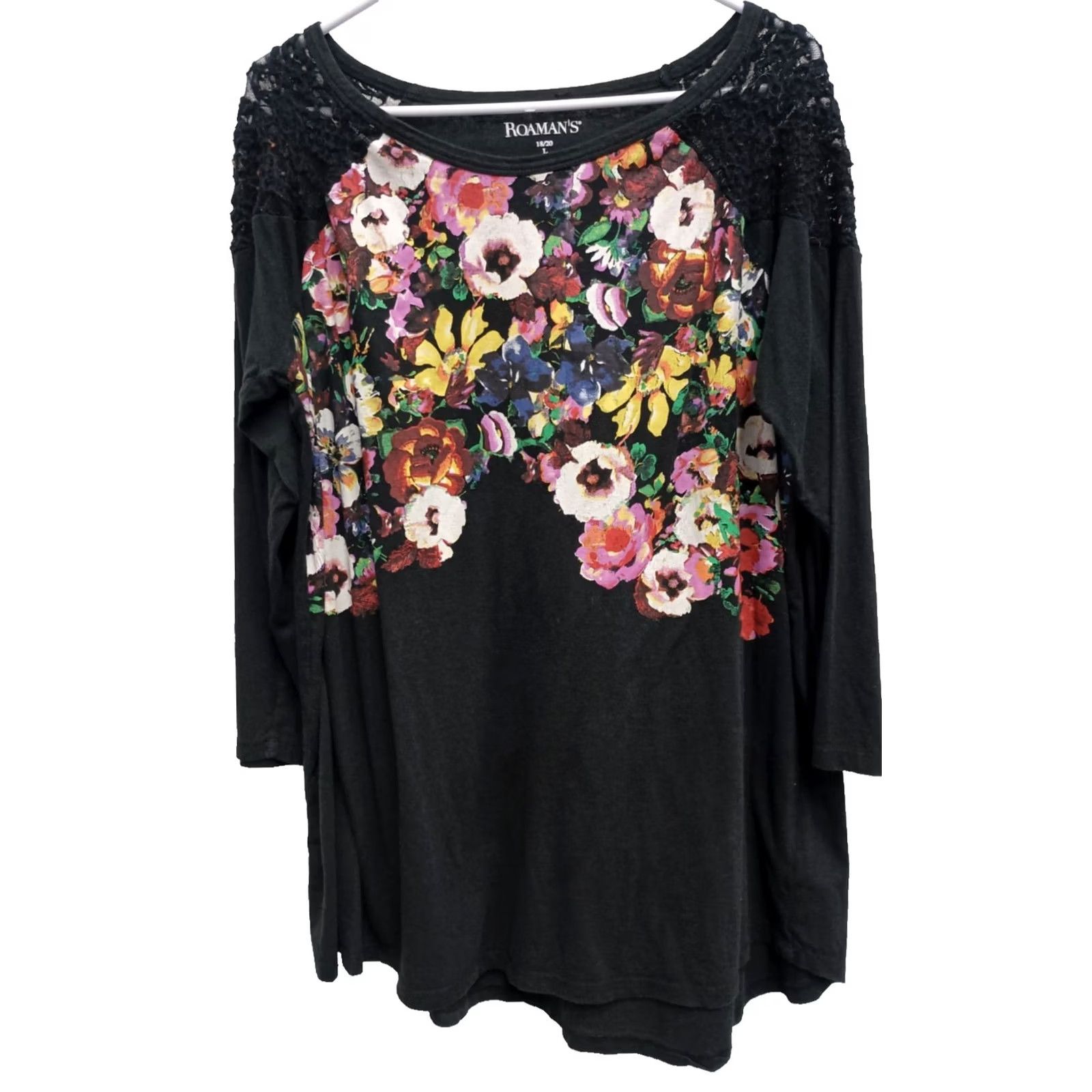 Vintage Roaman'S BOHO Whimsygoth Tunic Top Sz 18/20 Black Floral Lace 3/4 Sleeve, Pre-Owned, In Excellent Condition, 25 in x 31 in Size XXL / US 16-18 / IT 52-54 - 2 Thumbnail