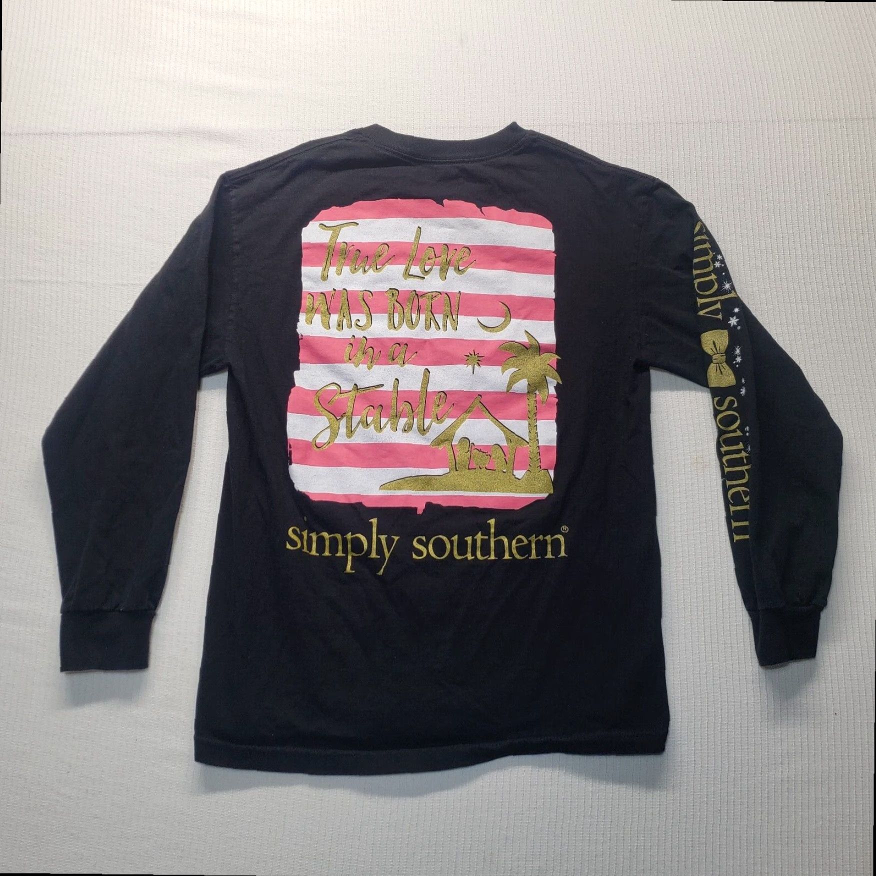 Born Simply Southern Women's Christian T-Shirt "True Love Was Born In A Stable" Long Sleeve Black Large Size L / US 10 / IT 46 - 7 Thumbnail