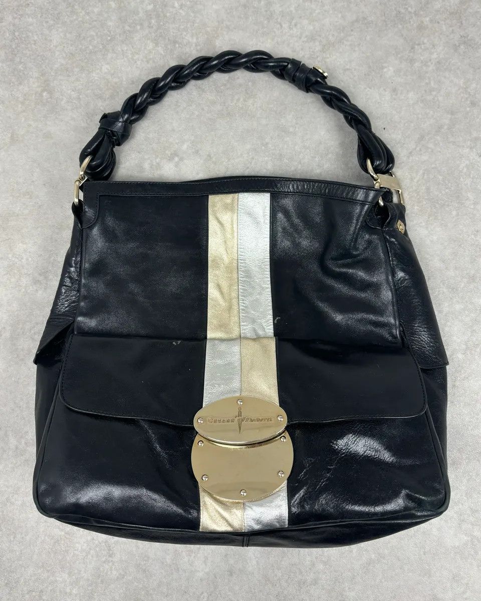 Vintage Cesare Paciotti Black Gold Stripe Leather Shoulder Bag Size ONE SIZE - 2 Thumbnail