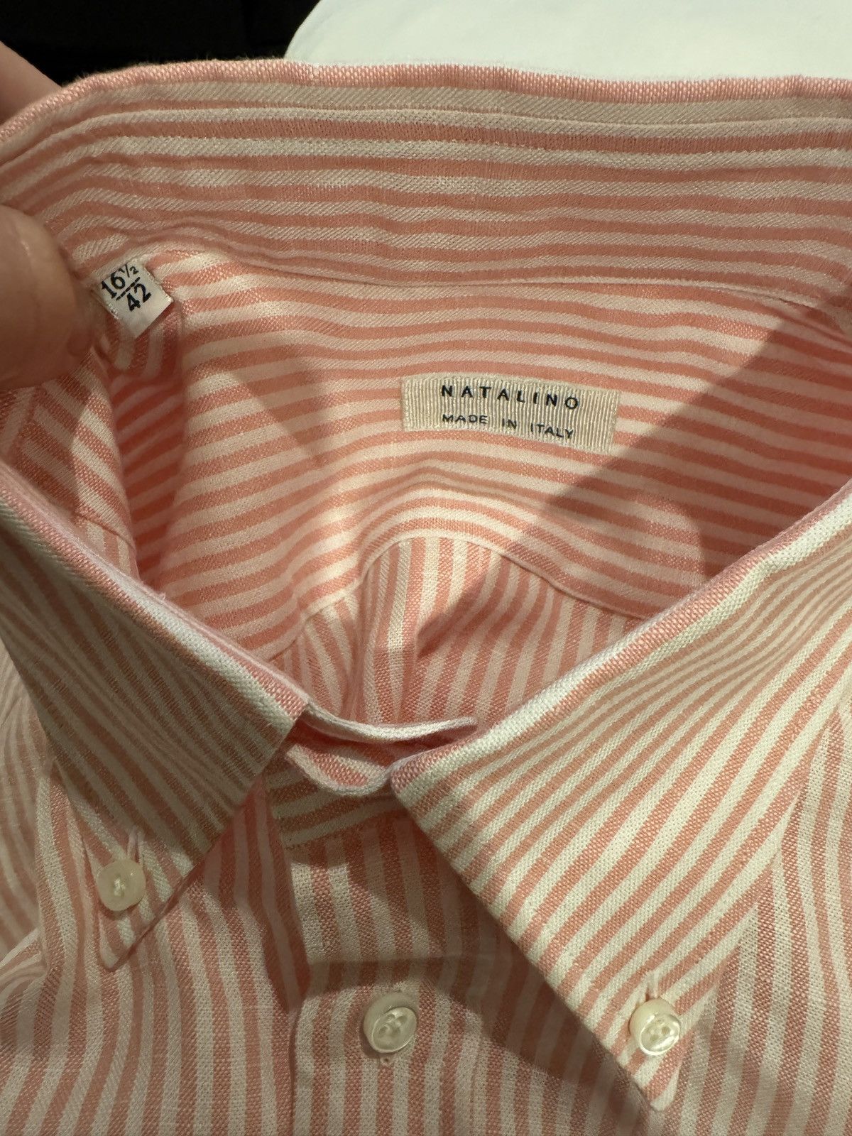 Natalino Natalino Pink Stripe Cotton Linen Button Down 16.5 Size US L / EU 52-54 / 3 - 4 Thumbnail