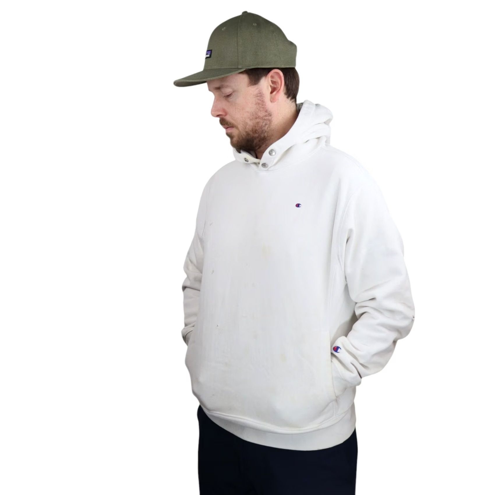 Champion VINTAGE Champion Reverse Weave Distressed Hoodie Sweatshirt Mens Medium White Pullover Size US M / EU 48-50 / 2 - 2 Thumbnail