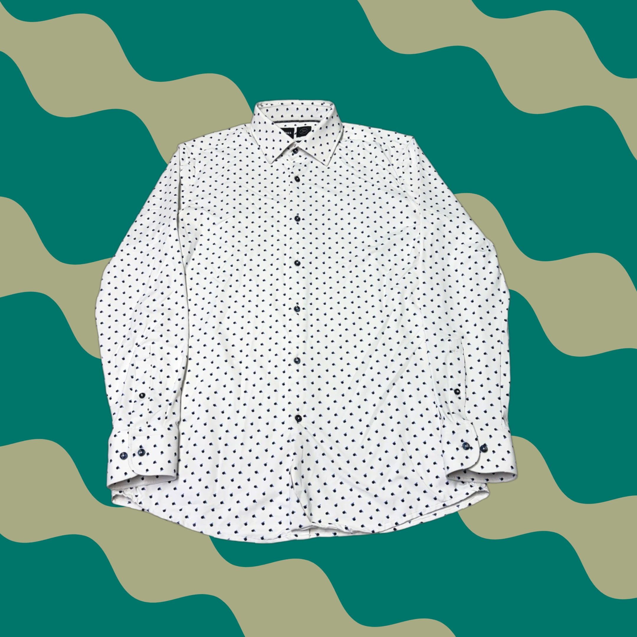 BOSS Shirt Mens 16.5 31 White Geometric Micro Print Slim Fit Dress Shirt Mens