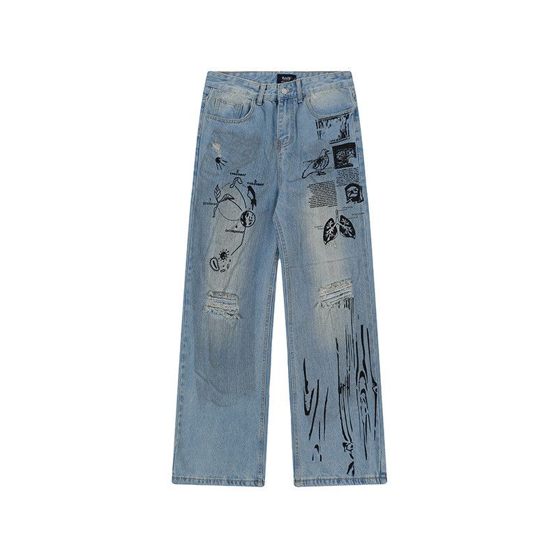 Jean High street men's loose straight leg graffiti ripped jeans Size US 32 / EU 48 - 1 Thumbnail