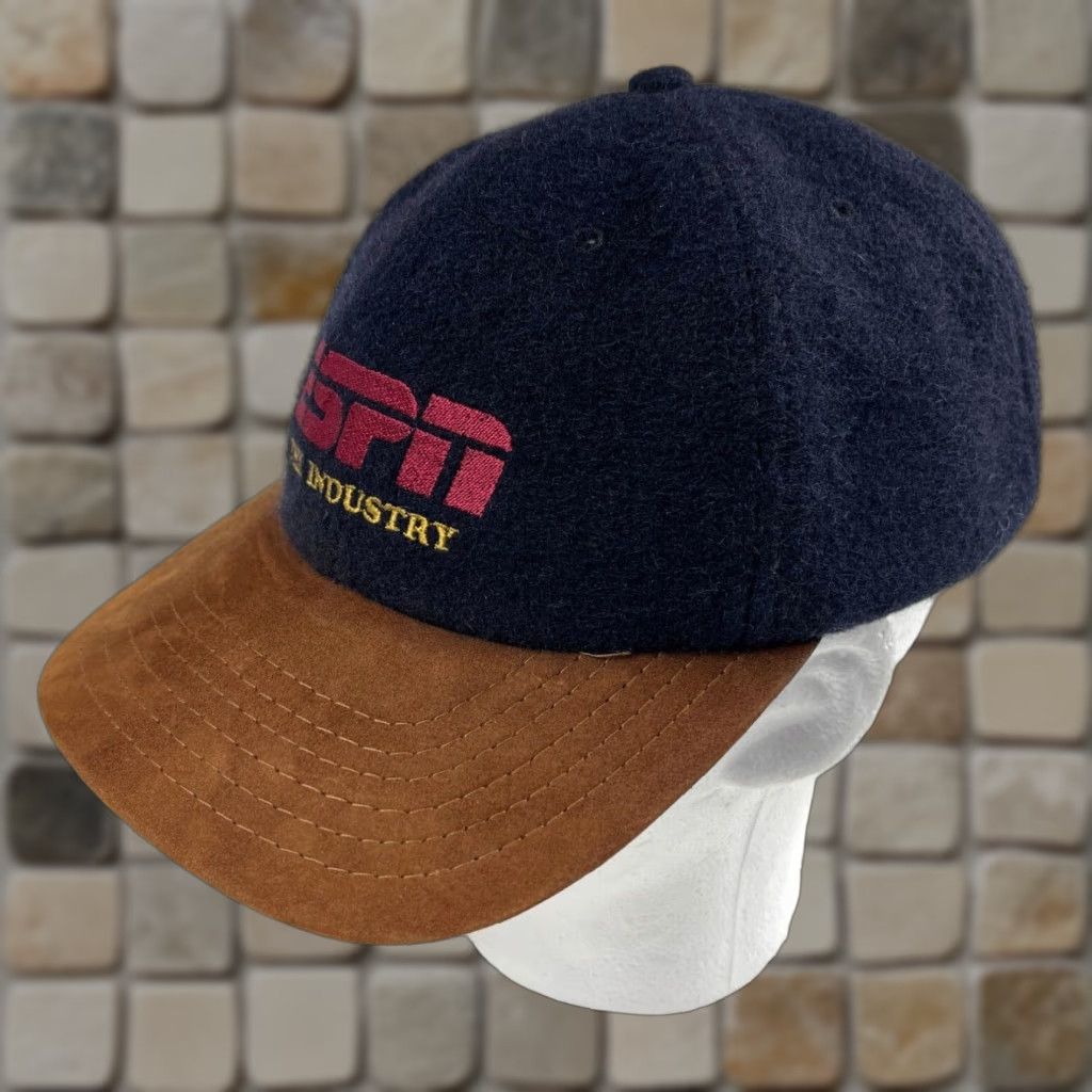 Vintage Vintage ESPN The Industry Strapback Hat Suede Brim Made in USA Navy Blue One Size Mens Adjustable 90s Sports Hat Size ONE SIZE - 1 Thumbnail