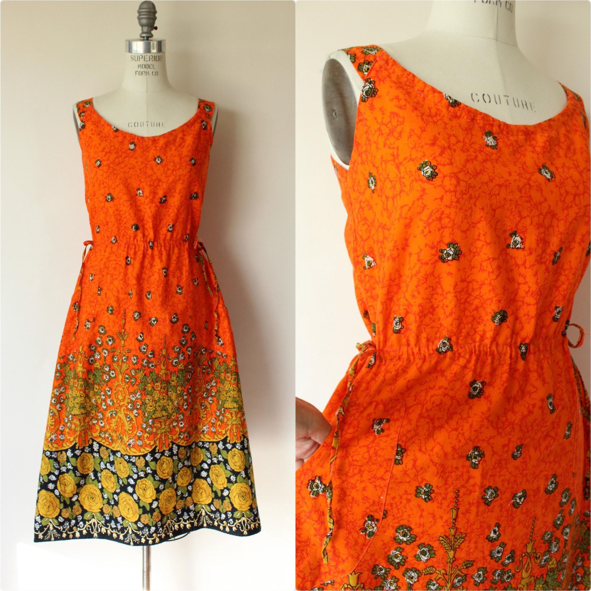 Vintage Vintage 1970s 1980s Dress with Pockets, Orange and Black Flo Size S / US 4 / IT 40 - 1 Thumbnail