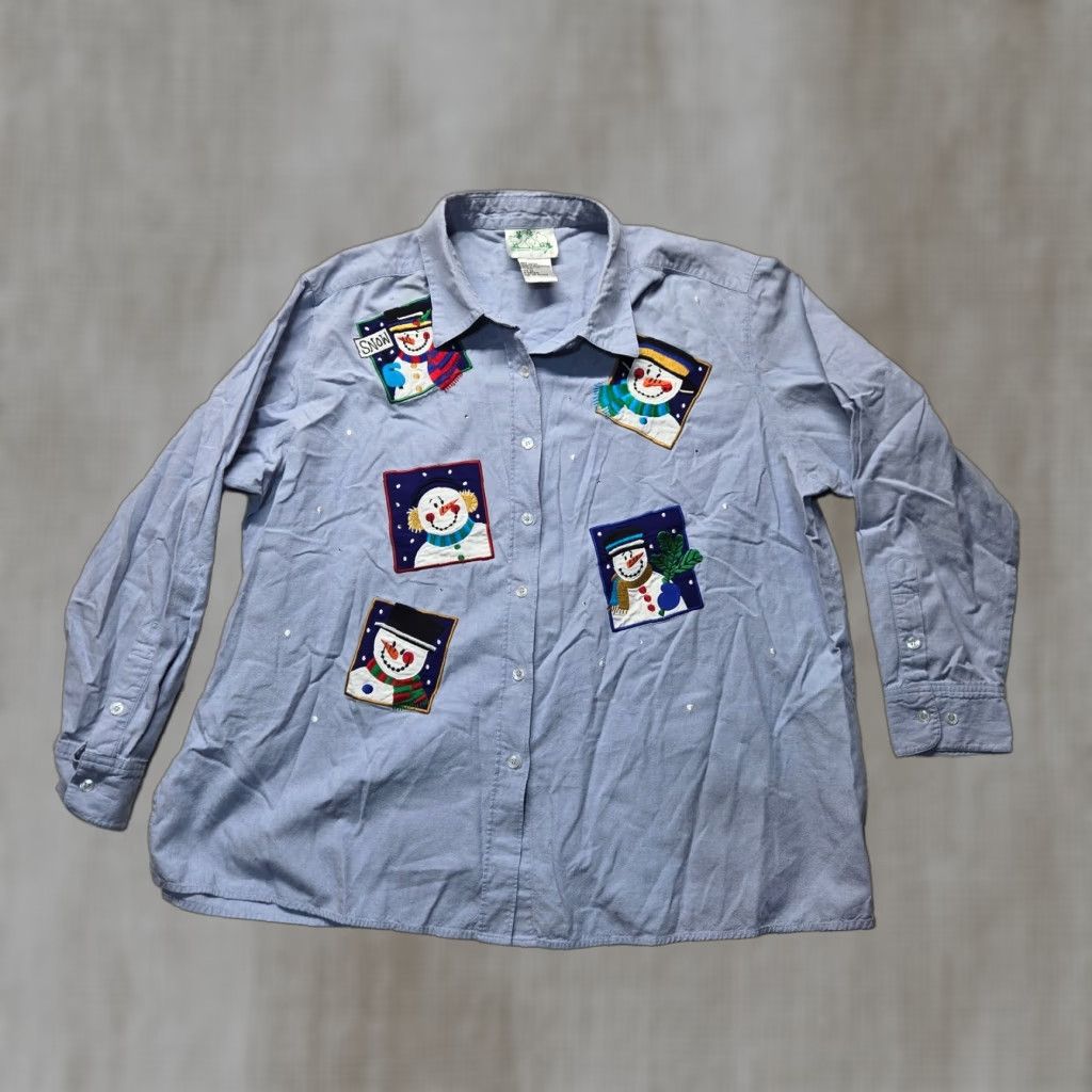 Quacker Factory The Quacker Factory Button-Up Shirt 1X Adult Women's Blue Snowman Patch Vintage No Size XL / US 12-14 / IT 48-50 - 1 Thumbnail