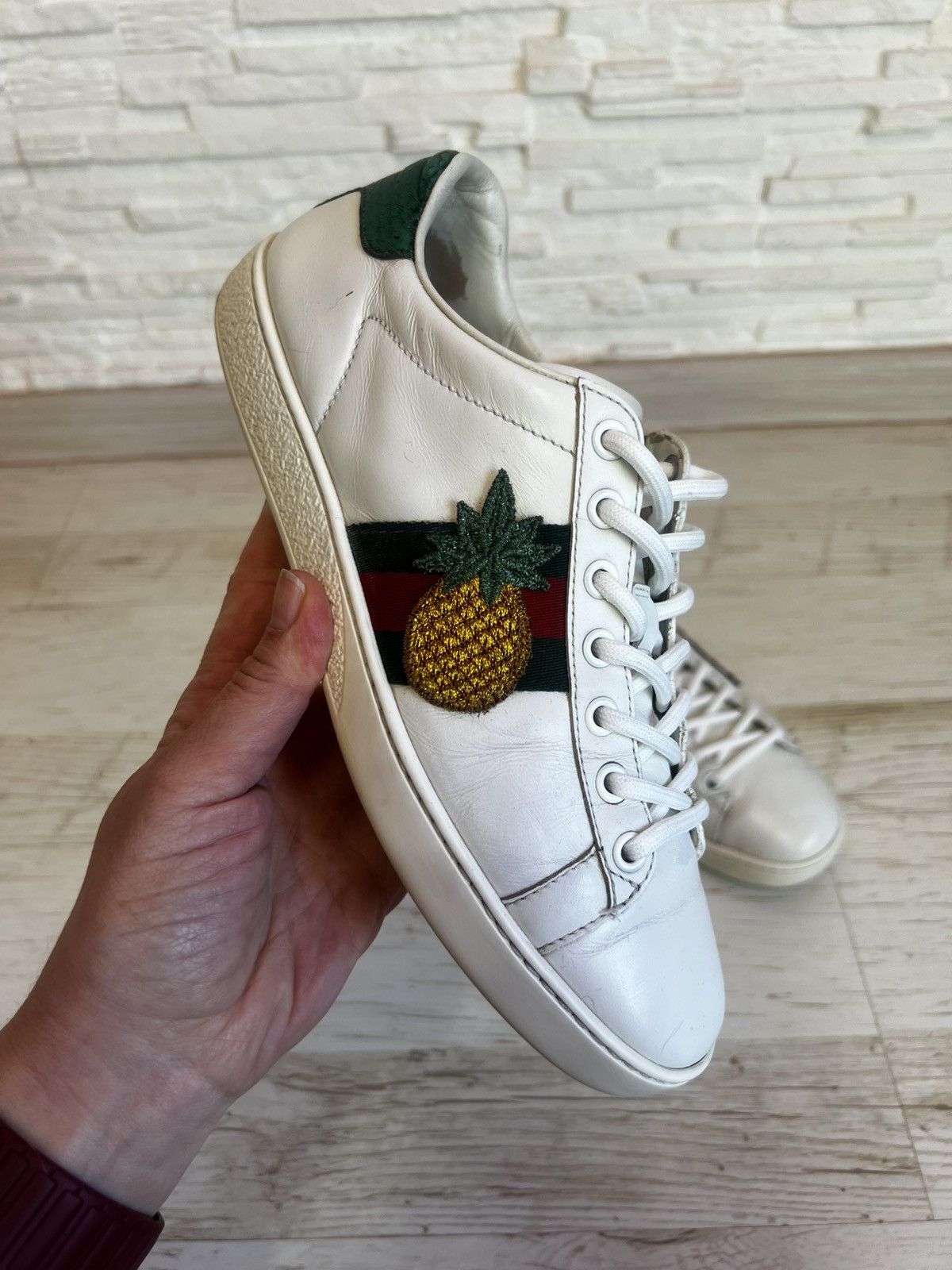 Gucci Gucci Ace Pineapple Ladybug Embroidered Leather Sneakers Size US 6.5 / IT 36.5 - 9 Thumbnail