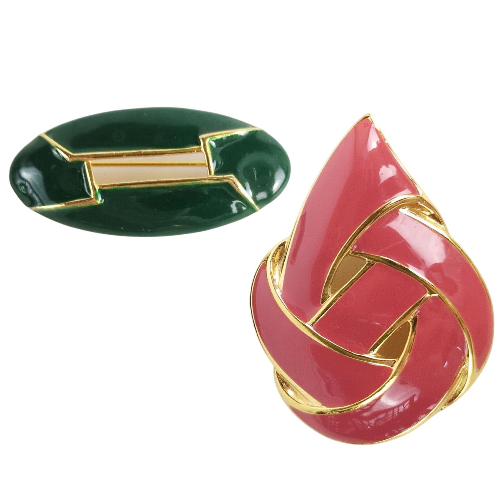 Vintage Napier Goldtone Pink Enamel 2.25" Pendant & 2" Green Brooch Size ONE SIZE - 1 Thumbnail