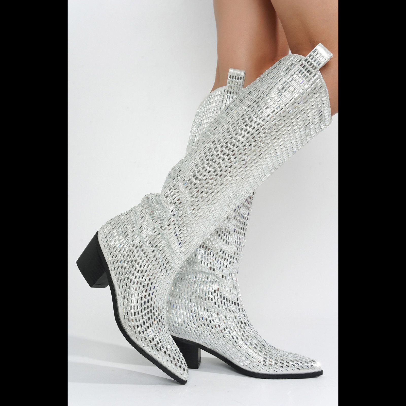 Other Shattered Silver Rhinestone Western Cowgirl Knee Boots NEW ( Size US 7 / IT 37 - 7 Thumbnail