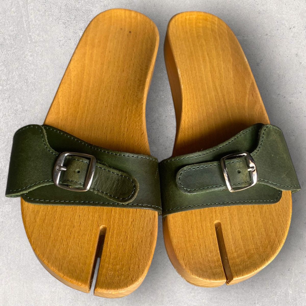 Maison Margiela SS05 MM6 wood tabi clogs with green leather straps Size US 7.5 / IT 37.5 - 1 Thumbnail