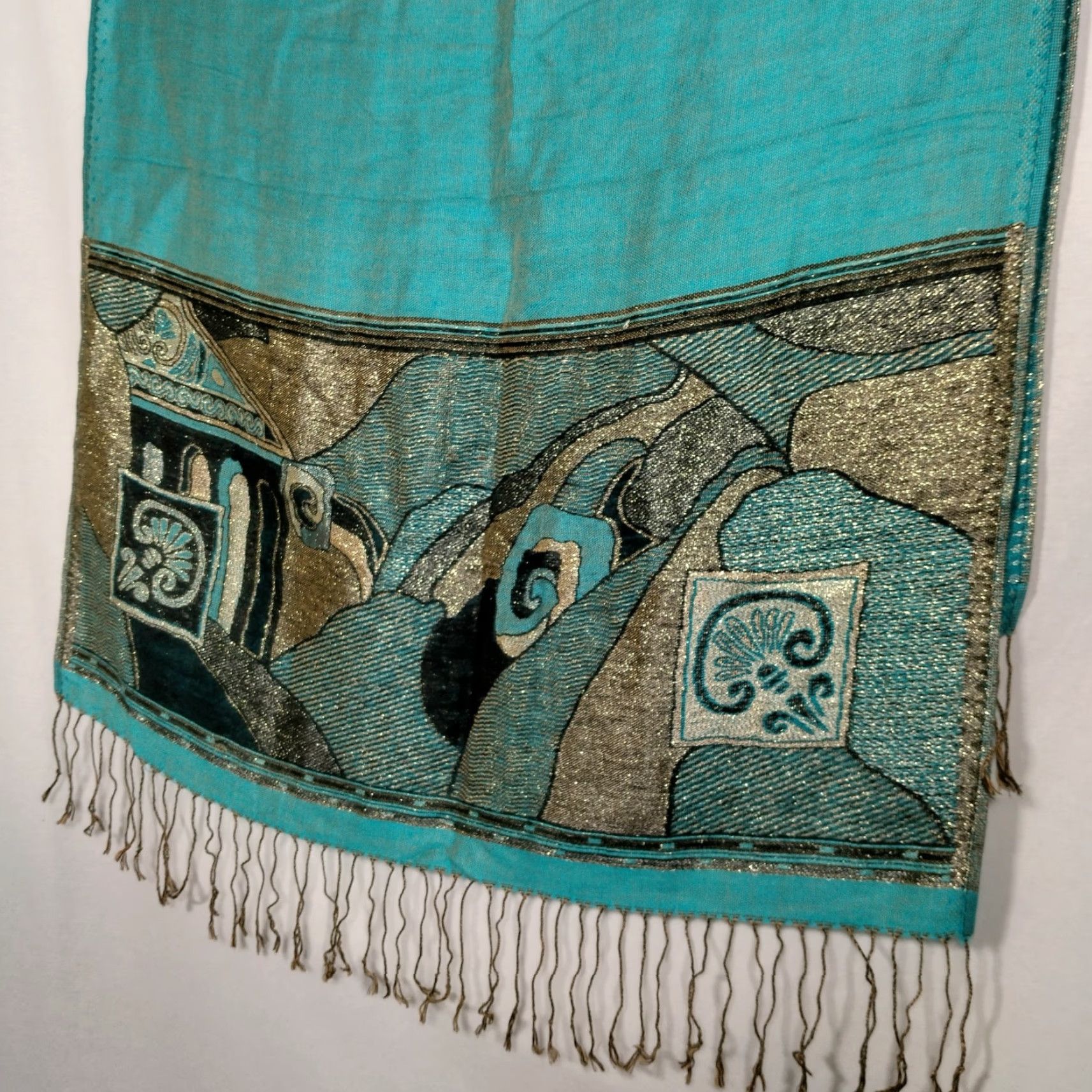 Vintage **Artsy Turquoise Blue Cashmere Scarf Woven Metallic Design Fringe** User: Artisan Turquoise Blue Cashmere Scarf Woven Metallic Design Fringe Size ONE SIZE - 7 Thumbnail