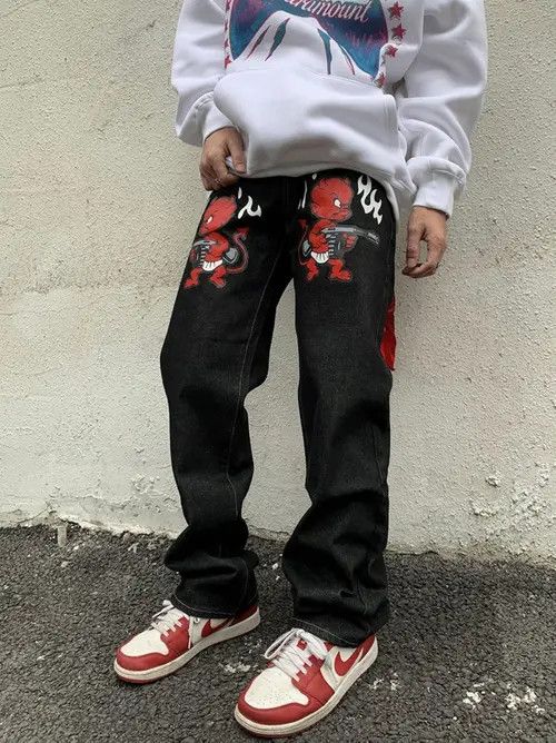 image of Devil Graphic Painted Black Denim Jeans, Men's (Size 32)