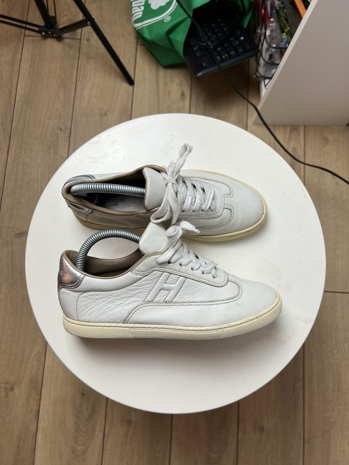 image of Hermes H Logo White Leather Sneakers Us7 Designer Luxury Y2K, Women's