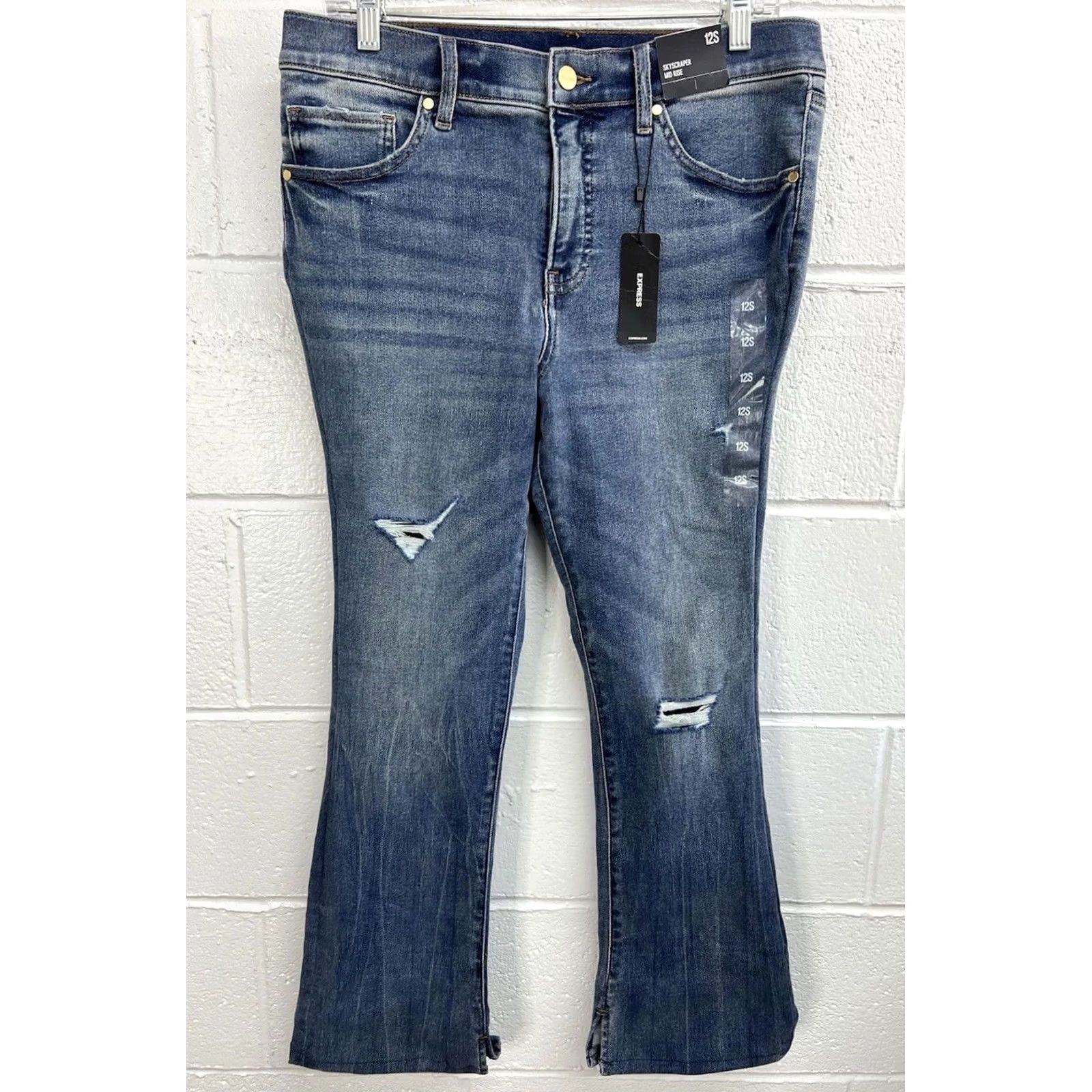 Express VINTAGE EXPRESS Skyscraper Midrise Jeans Distressed Womens 12P Short Blue Bootcut NWT Size 34" / US 12 / IT 48 - 2 Thumbnail