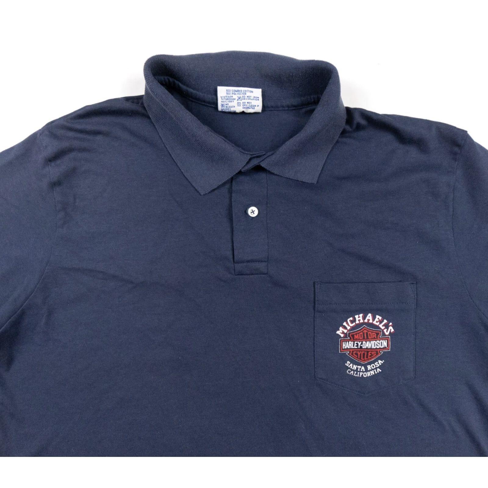 Harley Davidson VINTAGE Harley-Davidson Shirt Men XL Blue 80s Polo Short Sleeve Motorcycle Logo, Collared, Button, Cotton/Poly, Regular Fit, Vintage 1980s Size US XL / EU 56 / 4 - 2 Thumbnail
