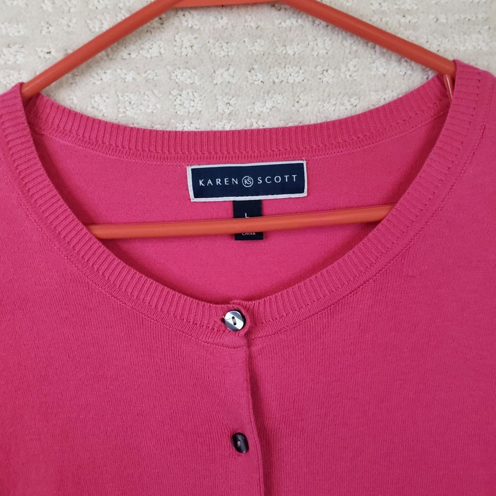 Vintage Karen Scott Women's L Cardigan Sweater Pink Cotton Blend Button Front Round Neck Long Sleeve Regular Fit Barbie Theme Casual Workwear Size L / US 10 / IT 46 - 4 Thumbnail