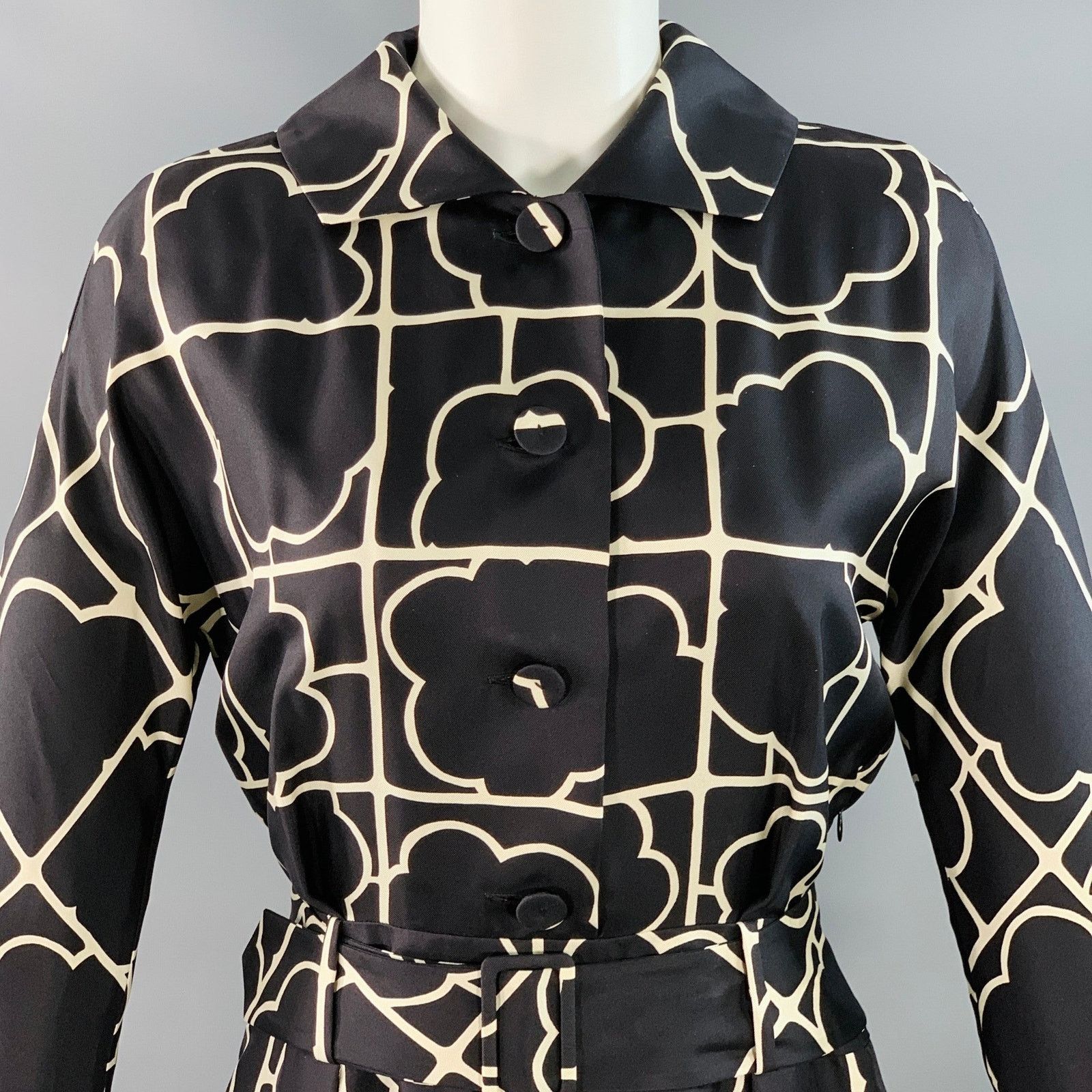 Barneys New York Size 4 Navy White Silk Twill Geometric Belted Shirt Dress Size S / US 4 / IT 40 - 2 Thumbnail