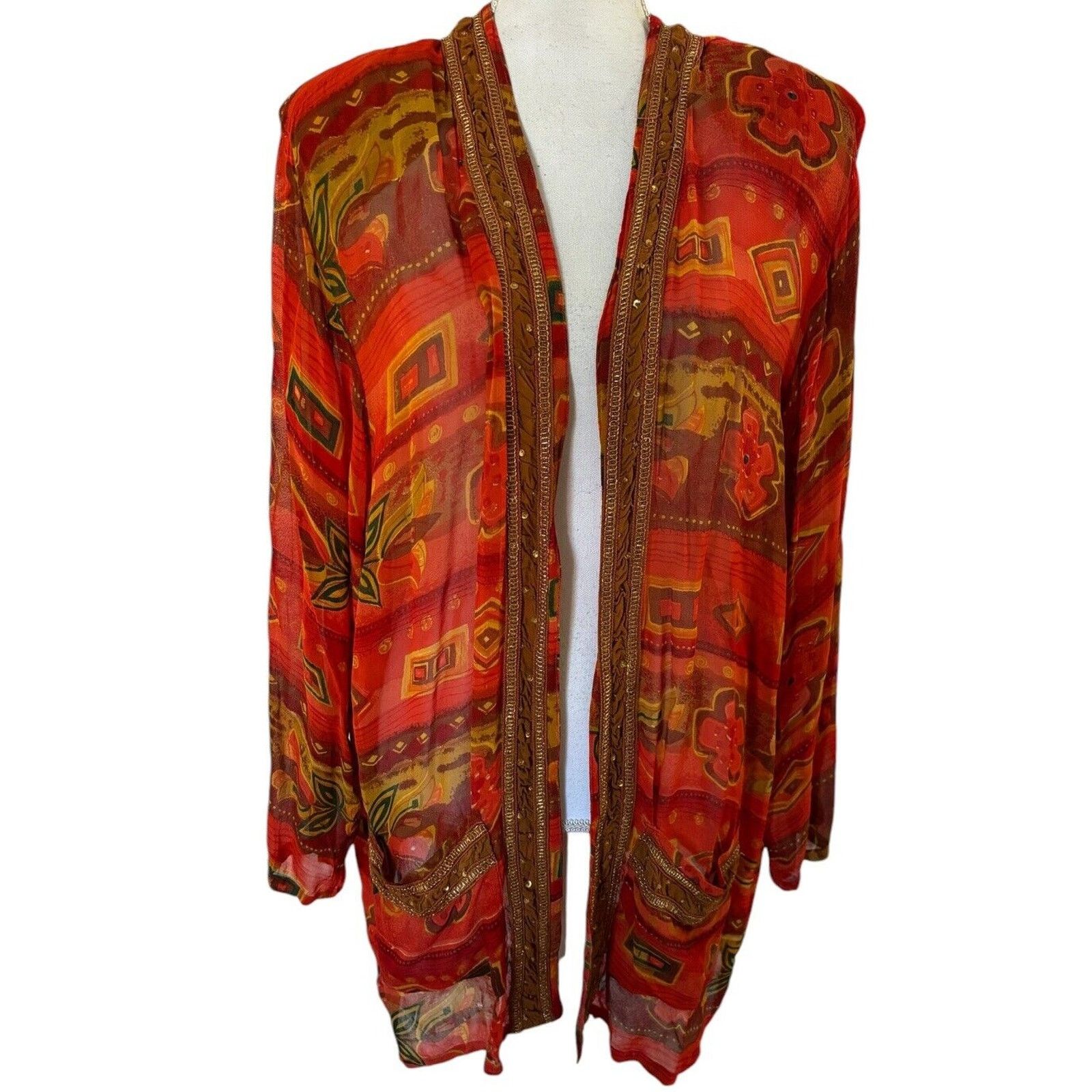 Other Tan-Chho Orange Red Yellow Duster Jacket Kimono Rayon Sz 1X Size XL / US 12-14 / IT 48-50 - 1 Thumbnail
