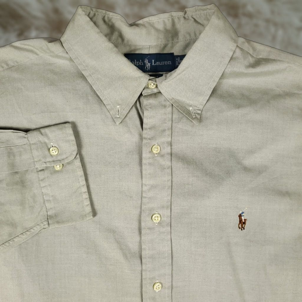 Ralph Lauren Ralph Lauren Dress Shirt Mens Size 18 Gray Beige Pony Button-Down Long Sleeve Classic Fit Adult M Size 48R - 1 Thumbnail