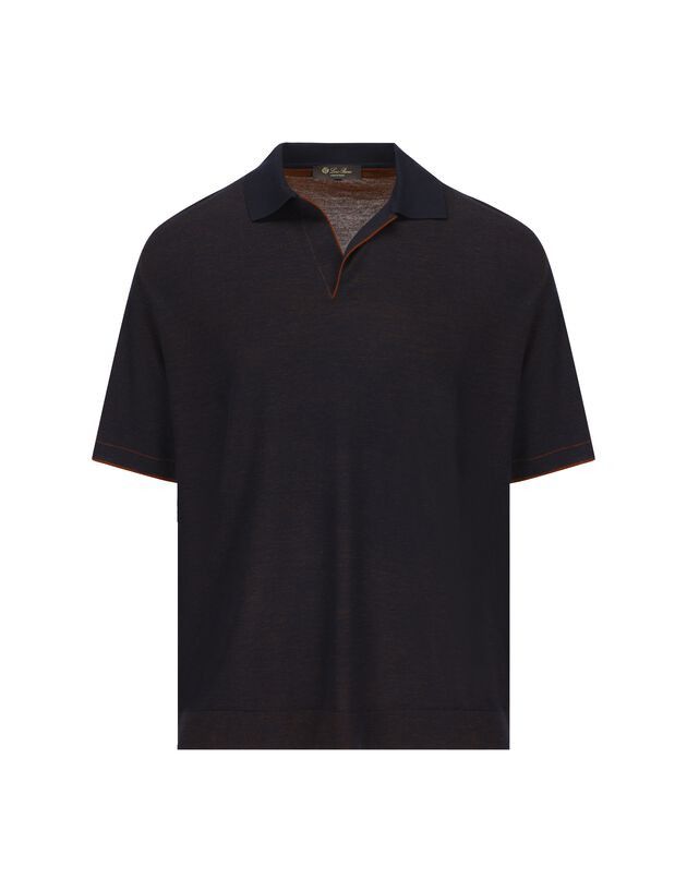 image of Loro Piana O1W1Db10224 Polo Shirt In Blue Navy & Chai Brown in Blue Navy/Chai Brown (Size Small)