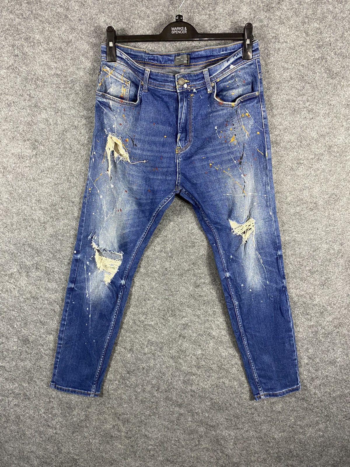 image of Distressed Denim x Zara Man Distressed Splashed Paint Denim Pants in Blue, Men's (Size 32)