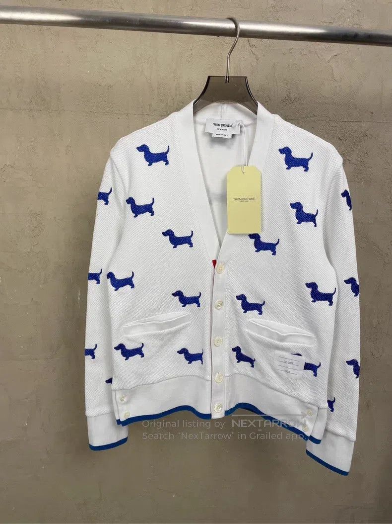 Thom Browne White Joint Full Print Blue Embroidered Dog Wa