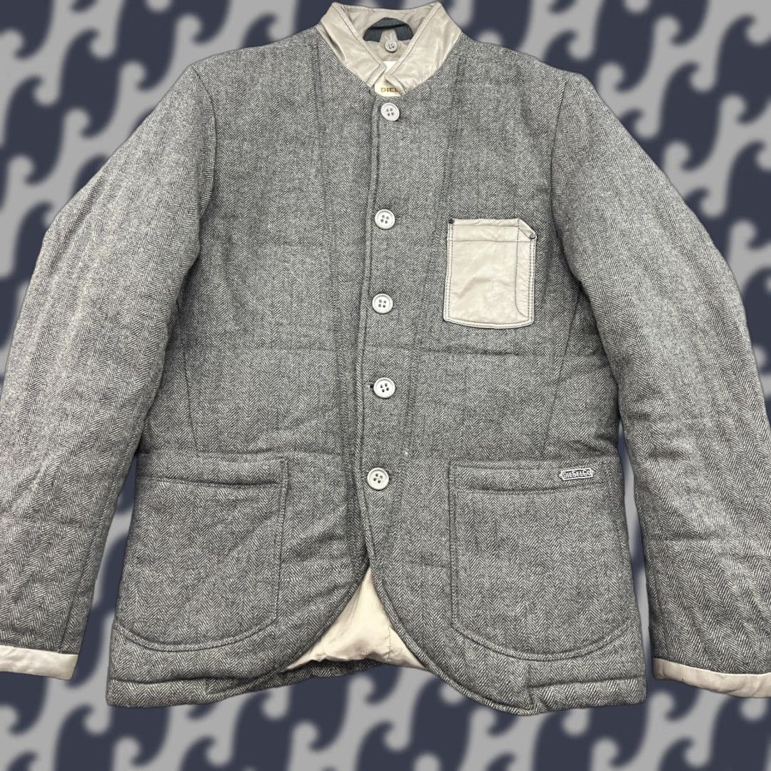 Diesel VINTAGE Diesel Herringbone Wool Jacket Mens Large Gray Buttons Leather Pocket Jacket Mens Large Gray Diesel Herringbone Wool-UI Size US L / EU 52-54 / 3 - 1 Thumbnail