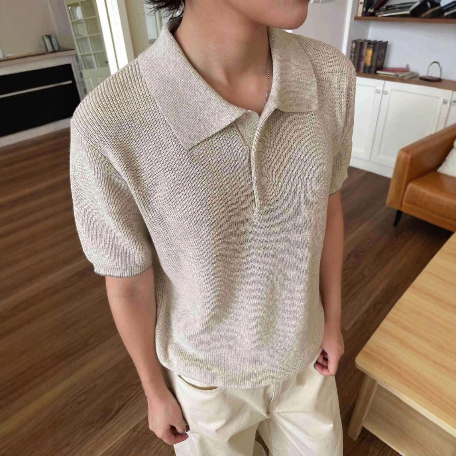 Other Beige Knit Polo Shirt, Relaxed Fit Short Sleeve Top Size US M / EU 48-50 / 2 - 3 Thumbnail